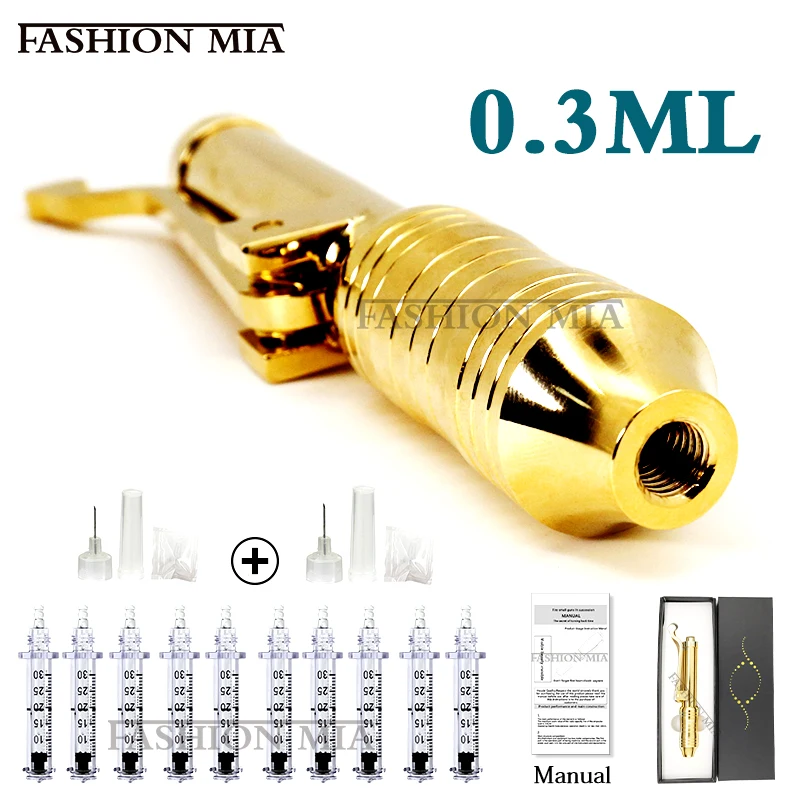 24K Gold 0.3ml Hyaluronic Pen with High Pressure for Hyaluronic Acid Mesotherapy Gun Beauty Tool 0.3ml Ampoule Head Adapter