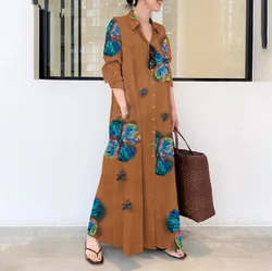 Women Vintage Cotton Linen Dress Summer Casual Button Up Print Long Sleeve Dresses Robe Ladies Loose Elegant Shirt Dress 2023