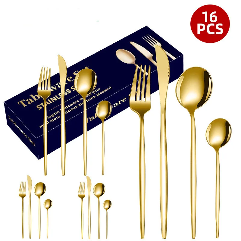 Description Picture 3 of item16Pcs Stainless Steel Cutlery Set Knife Fork Spoons Dinnerware Set Gold Matte Tableware Western Flatware Kitchen Silverware Set