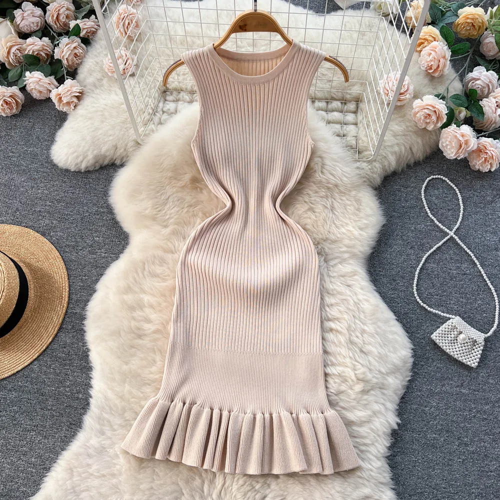 YuooMuoo Early Autumn Sexy Package Hips Ruffles Mini Dress Summer Fashion Y2K Knitted Bodycon Ladies Dress coreano Party Vestidos