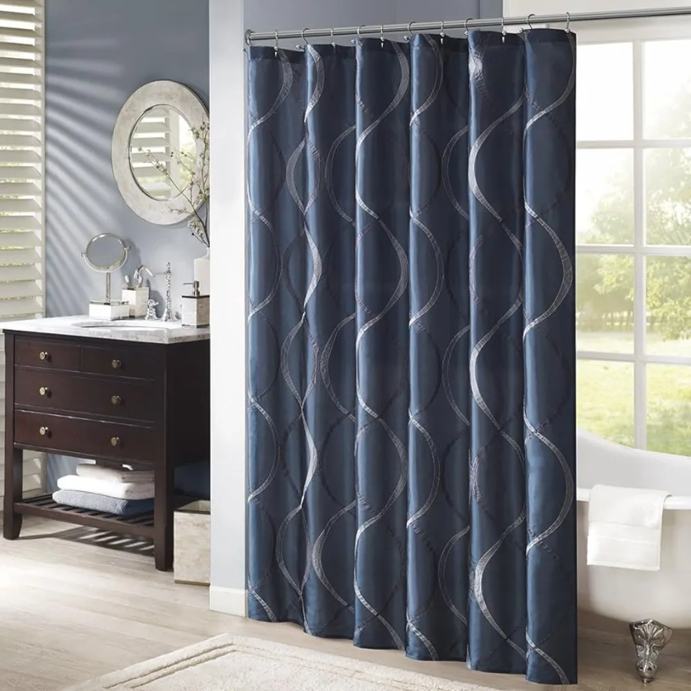 

Blackout Curtains for Bedrooms Modern Bathroom Decor Fabric Privacy Screen 72x72 Embroidery Ogee Design Blue Machine Washable