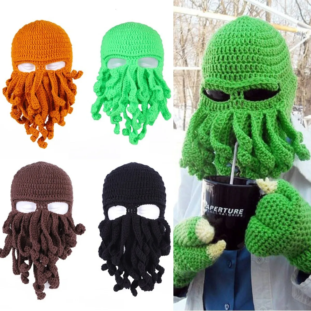 

Octopus Wool Hat Funny Party Halloween Squid Hat Handmade Warm Windproof Ski Hat Squid Hat Facekini Funny
