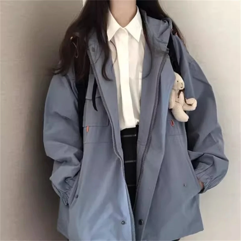 

2023 Harajuku Preppy Solid Hooded Coat Women Spring Autumn Long Sleeved Loose Casual Work Jacket Female Student Tops BC169