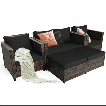 5PCS Patio Rattan outdoor Furniture Set Loveseat Sofa Ottoman Cushioned Black