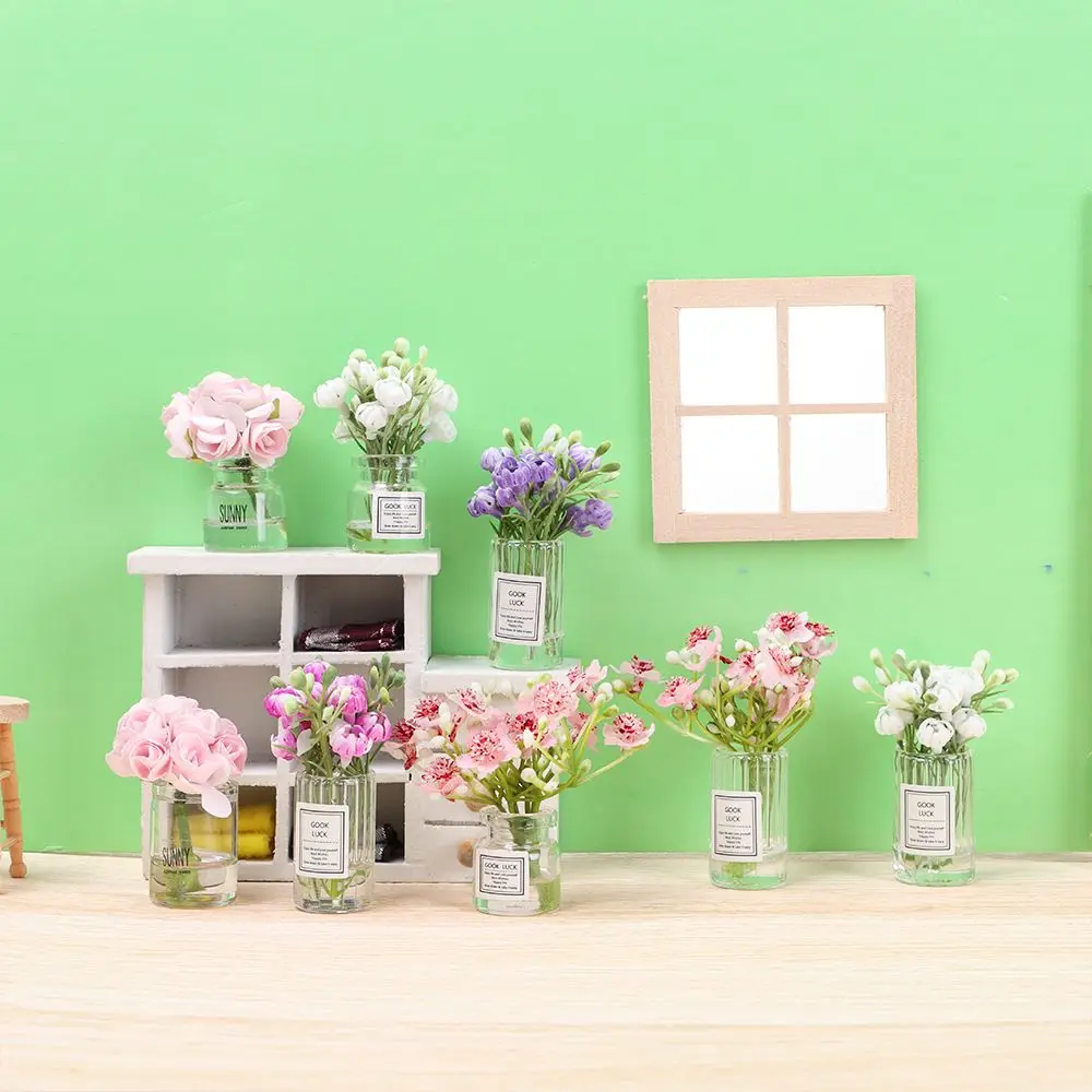 1:12 Scale Dollhouse Flower Vase Doll Accessories Pink Rose White Jasmine Mini Floral Arrangement