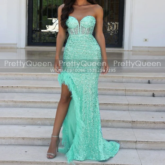 Aqua Blue Mermaid Spaghetti Straps Sequin-Embroidered Long Prom Gown w –  girlhomeshops