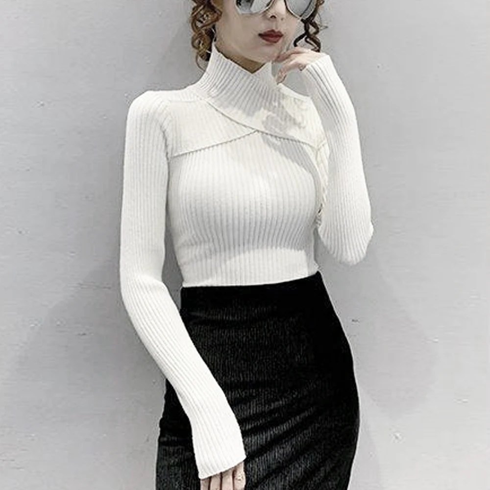 Woman Orange Yellow Green Blue Purple Sweater T Shirt Long sleeved Blouse Women High Neck Knitted Shirt Womens Blouses Elegant