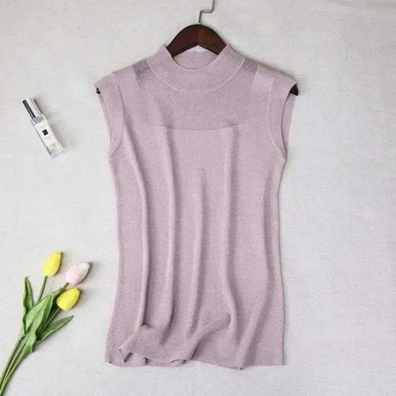 Women's Sleeveless Knitted Vest, Casual Tank Tops, Solid Color, Ice Silk Vests, Sexy Fashion, Summer New, 2922
