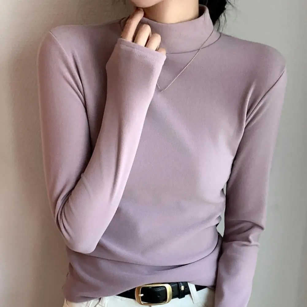 

Women Long-sleeve Top Soft Stretchy T-shirt Women's Fall Winter Half-high Collar Velvet Pullover Blouse Soft Elastic Slim Fit