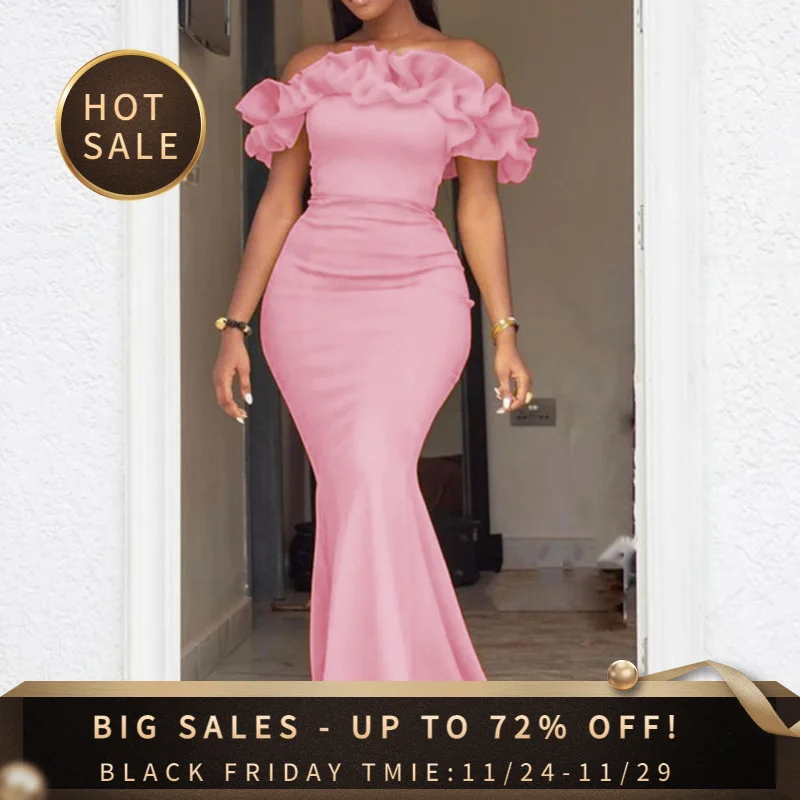 

Women 2023 Fashion Dress Off-The-Shoulder Ruffles Patchwork Slash Neck Mermaid Party Dinner Elegant Evening Pink Maxi Dress