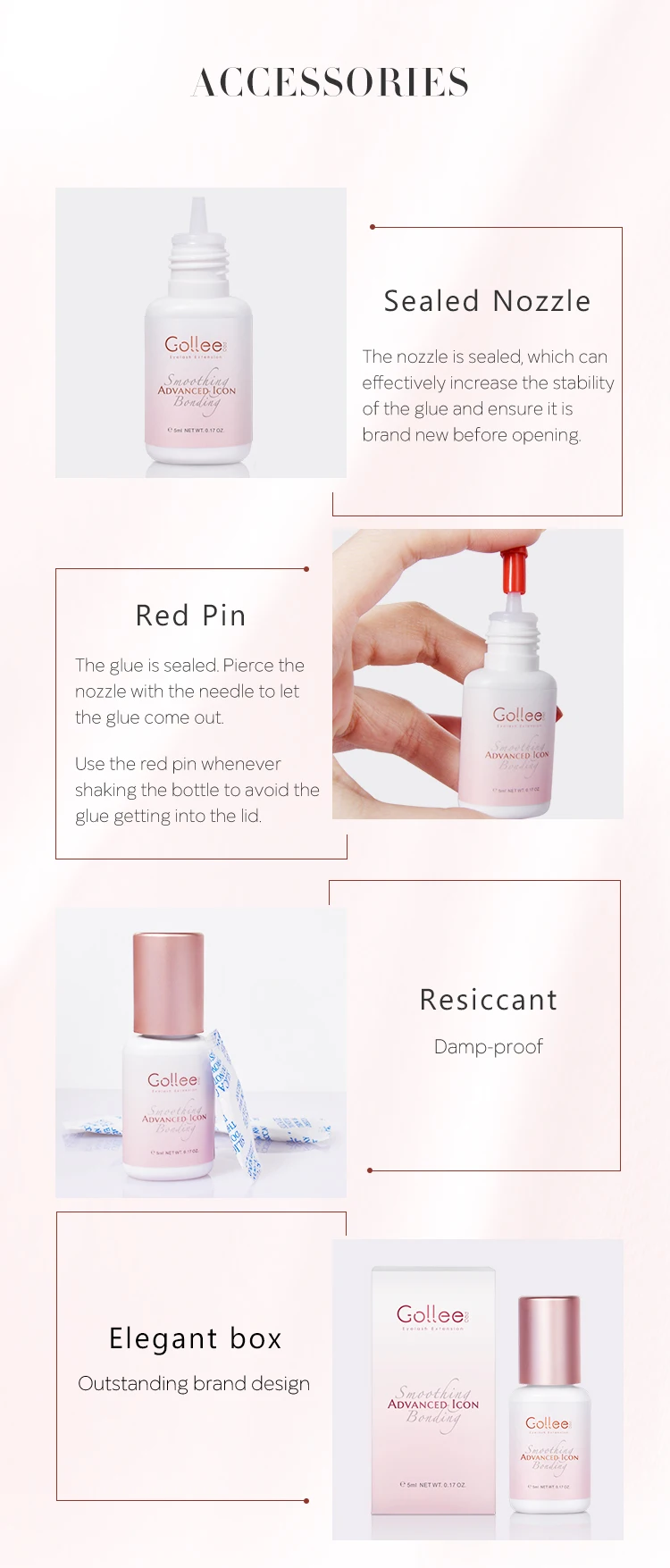 Gollee 0.5-1s Drying Glue for Eyelash Extensions 5ml Hypoallergenic Lashes Extension Glue Strong Glue False Eyelashes Supplies