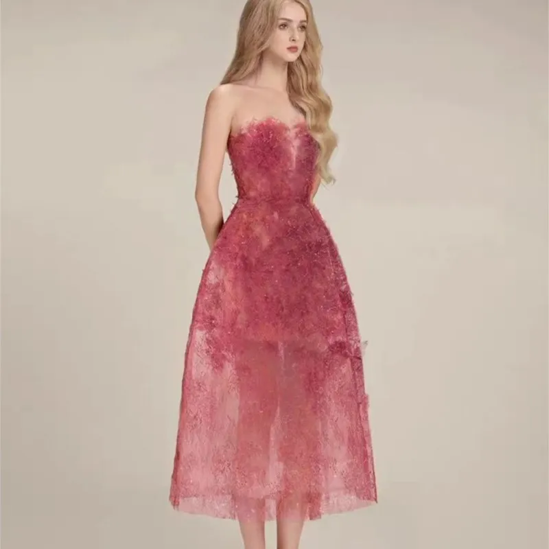 

Heavy Industry Three-Dimensional Flower Lace Tube Top Dress Women's Design Sense Light Luxury Temperament