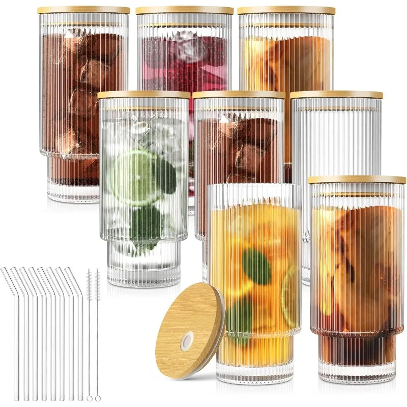 

8 Set Glass Cups, 16OZ Ribbed Glassware with Bamboo Lids and Glass Straws, Vintage Drinking Glasses for Whiskey Cocktail Beer