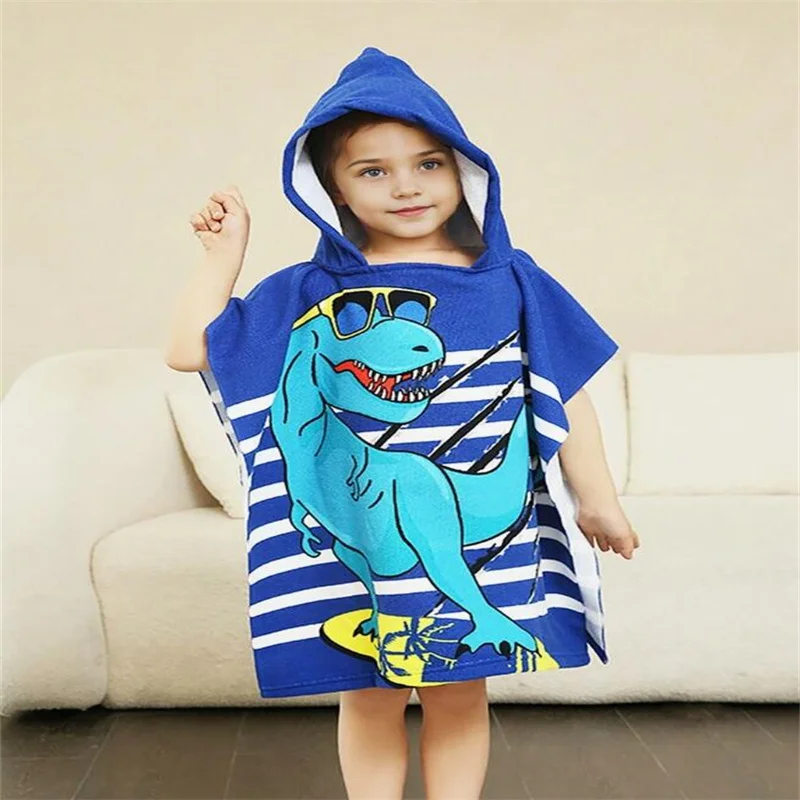 Dinosaur Soft Microfiber Swim Cover-Ups For 3 To 6 Years Old Kids Hooded Bath Beach Poncho Towels