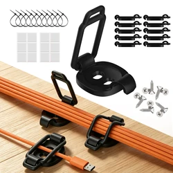 Pack of 10 Cable Management Clips - Adhesive Cord Organizer with Reusable Clips, Screws, and Silicone Ties - 3x100mm (Black)