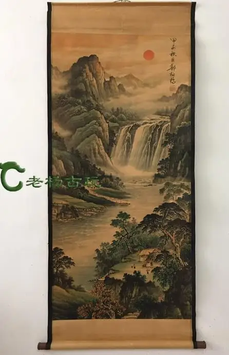 

Antique Hand-painted Chinese Scroll painting,long axis of Landscape pine tree, #09,Home Decoration,best collection & adorn