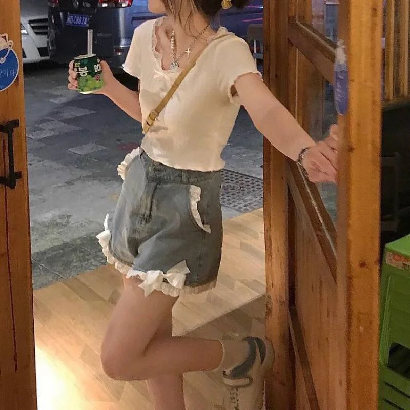 Casual High Waist Denim Shorts Women Summer Pocket lace Ripped jeans Short Female Femme Short Pants Women 2022