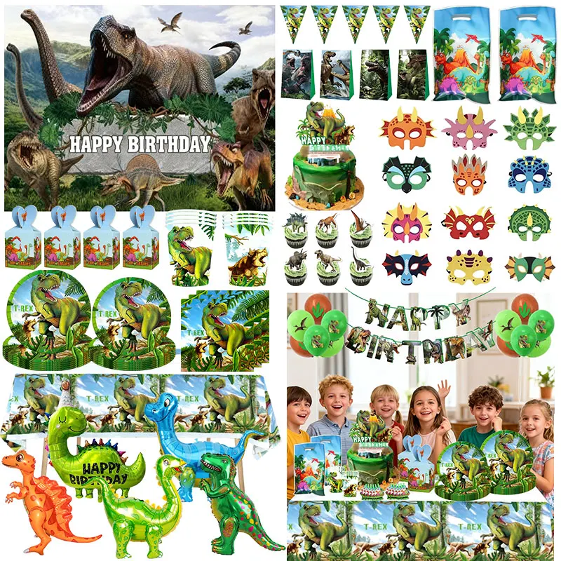 Grüne Dinosaurier-Dekoration, Geburtstag, Latex, Ballon, Pappteller, Tasse, Serviette, Box, Tasche, Tischdecke, Jurassic World Park, Partyzubehör-Set – Detail 2