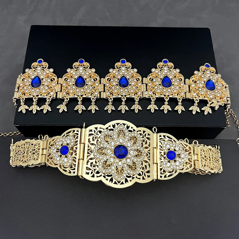 Royal Blue Rhinestone Caftan Jewelry Belts Morocco Chic Gold Plated Waist Chain Ethnic Bridal Accessories Luxury Bride Gift