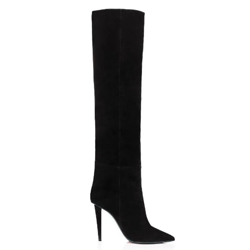 Classic Winter New Pointed Toe Suede Sewing Stiletto Knee High Boots Slip-On Sexy Designer Dress Party High Heels Shoes