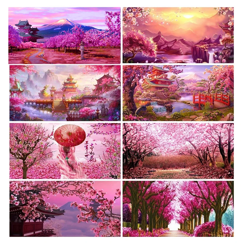 Long Large Diamond Painting New Collection Cherry Blossoms House Sakura