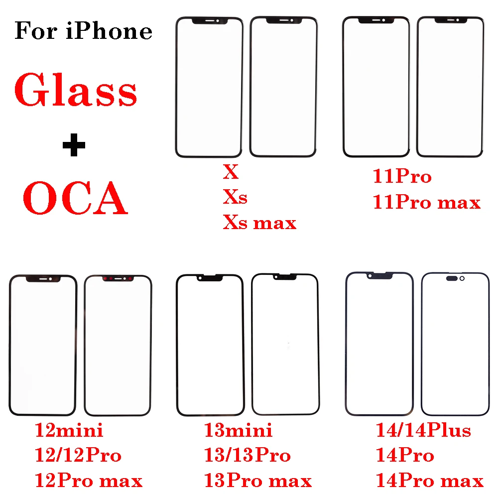 LCD Display Replacement 1Pcs New Front Screen Outer Glass With OCA For iPhone X XS XR Max 11 12 13 14 15 Plus Pro Max Mini