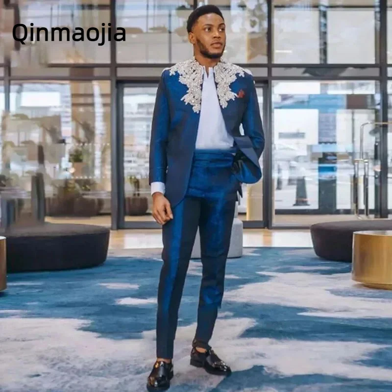 

Luxury Appliques trajes elegante para hombres Suit For Men Shiny Slim Fit 2Piece Pants Set Grooms Wedding Tuxedos Costume