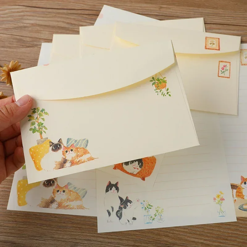 Kraft Paper Envelopes Window Envelopes Mailing Envelopes Mini Envelopes Writing Paper Set 9pcs/set Kawaii Envelopes with Letter Pads Cute Cats Letter Writing Paper Wedding Party Invitation Cards Cover Korean Stationery