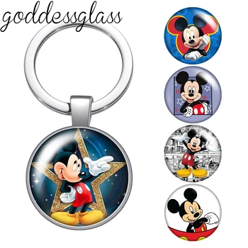 디즈니 귀여운 미키 마우스 선물, 사진 유리 카보숑 키체인 가방, 자동차 키체인 링 홀더, 매력 키체인 선물