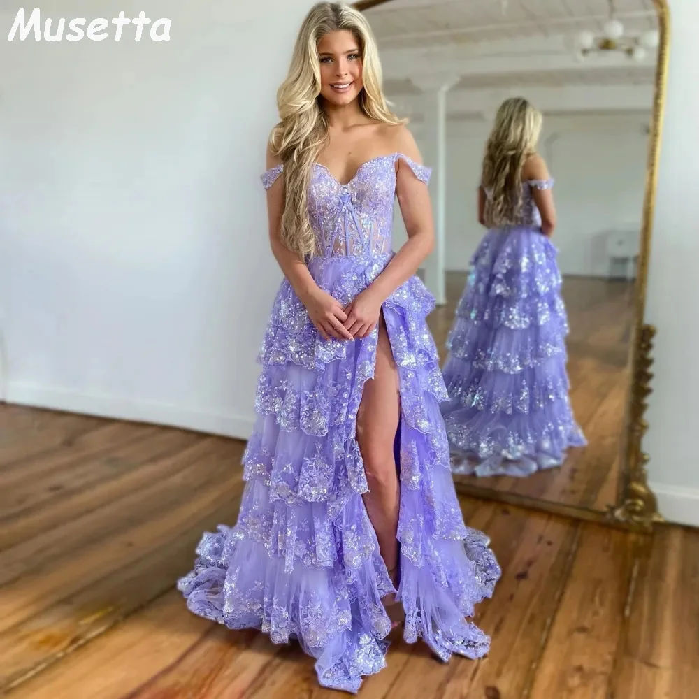 

Musetta Princess Off Shoulder Evening Dresses Sweethaert Ruffles Lace Tiered Formal Prom Dress High Side Split Graduation Gowns