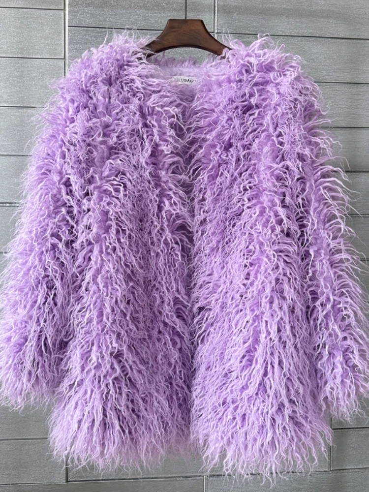 Mongolia Sheep Fur Women Medium Long Coat Jacket Colorful