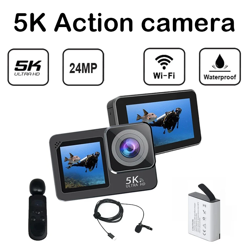 듀얼 IPS 터치 LCD 액션 카메라, EIS 170 ° 30M 방수 카메라, 무선 마이크 및 리모컨 포함, 5K 4K60FPS