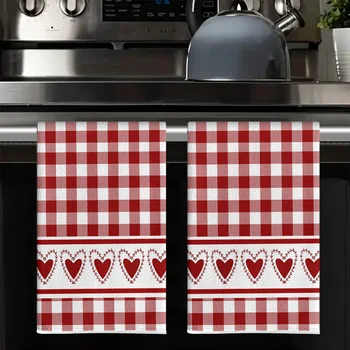 2pcs Red & White Checkered Heart Kitchen Towels 1