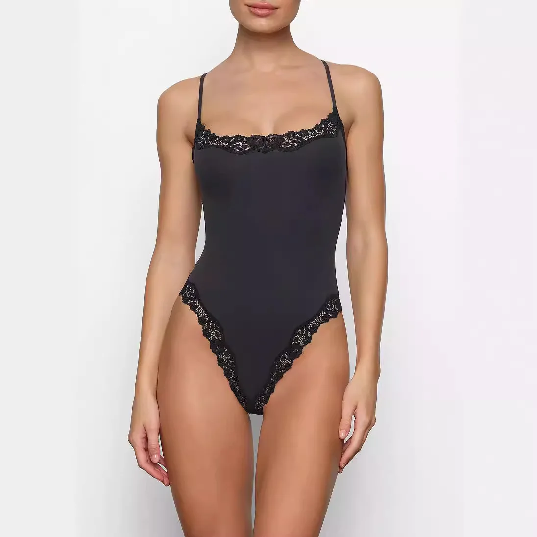 sks Valentine's Day lace edge halter jumpsuit vest bodysuit slim-fit elastic body vest