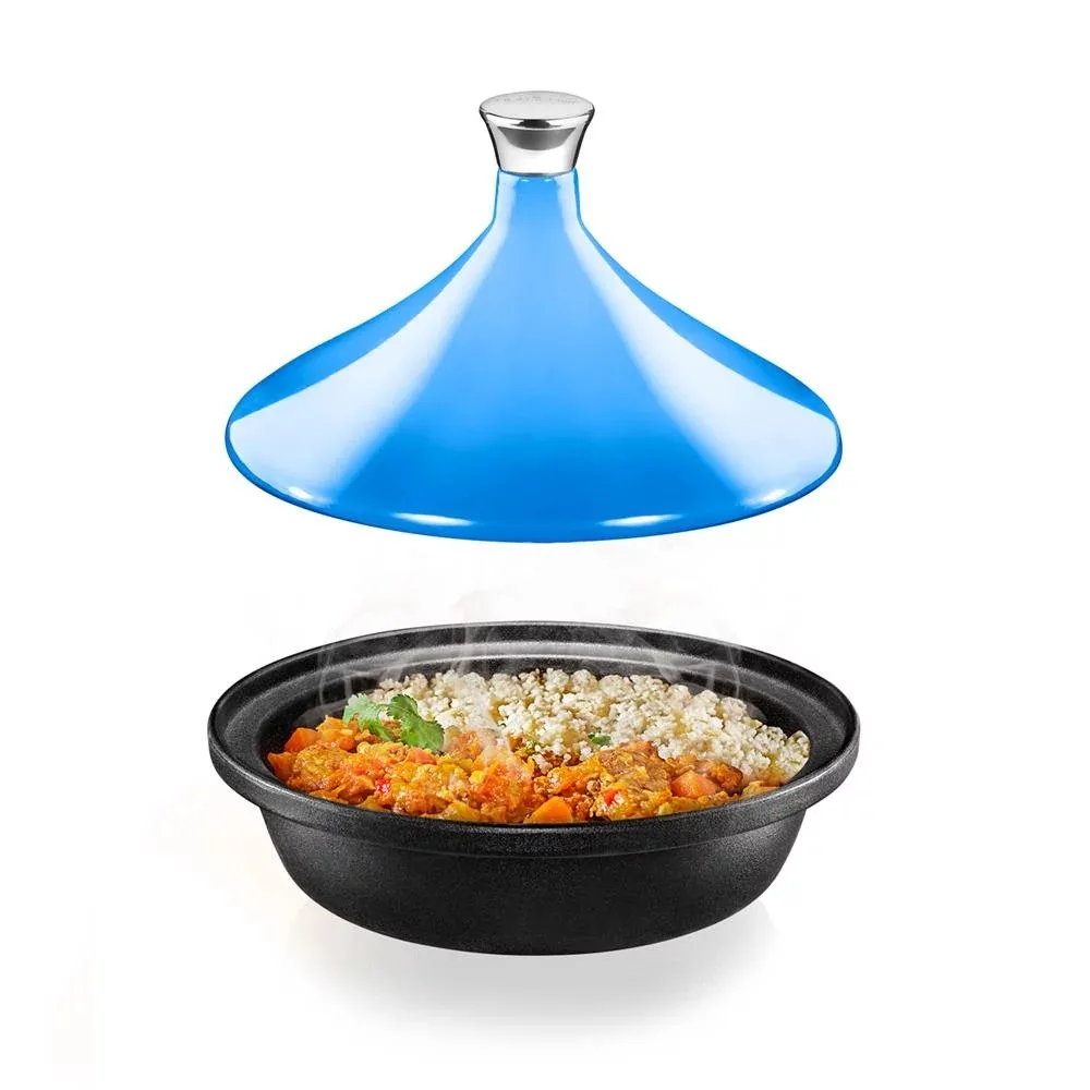 

Cast Iron Moroccan Tajine Cooking Pot Stainless Steel Knob Enameled Base Cone Shaped Enameled Lid Blue Dishwasher Safe