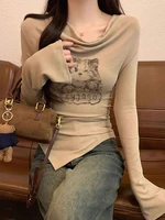 Y2k Cat Long sleeve T-shirt Women Luxury Korean Graphic Off shoulder Top Casual Lady Basic Tees Slim Sexy - Image 3