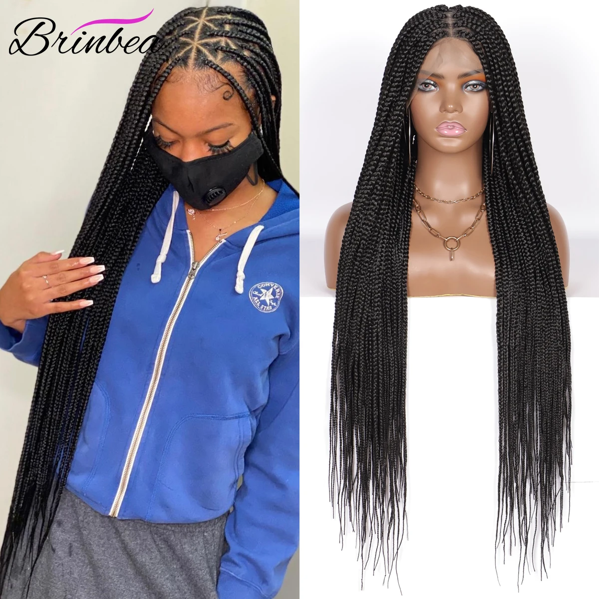 Brinbea 36" Synthetic Full Lace Front Triangle Knotless Braided Wigs 360 Lace Frontal Braid Wigs With Baby Hair for Black Women