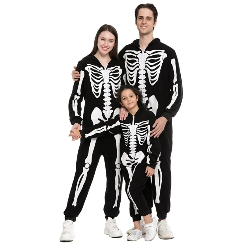 

Kids Skeleton One-Piece Pajamas Sleepwear Cosplay- Halloween Party Skeleton Onesie Kids Adults Costume R7RF