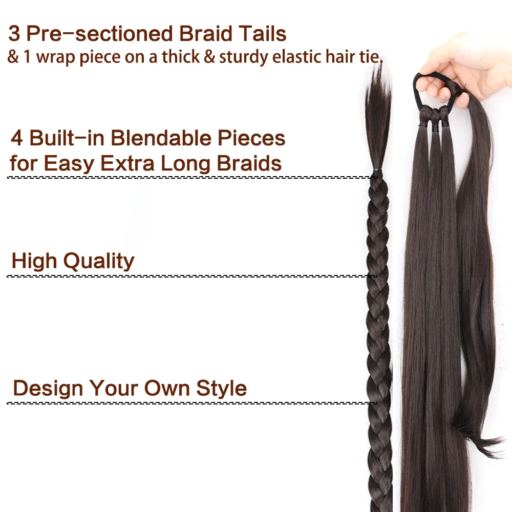 Long Braid Ponytail Extension with Elastic Tie Straight Wrap Around Braid Hair Extensions Natural Synthetic Hairpiece 30 Inch