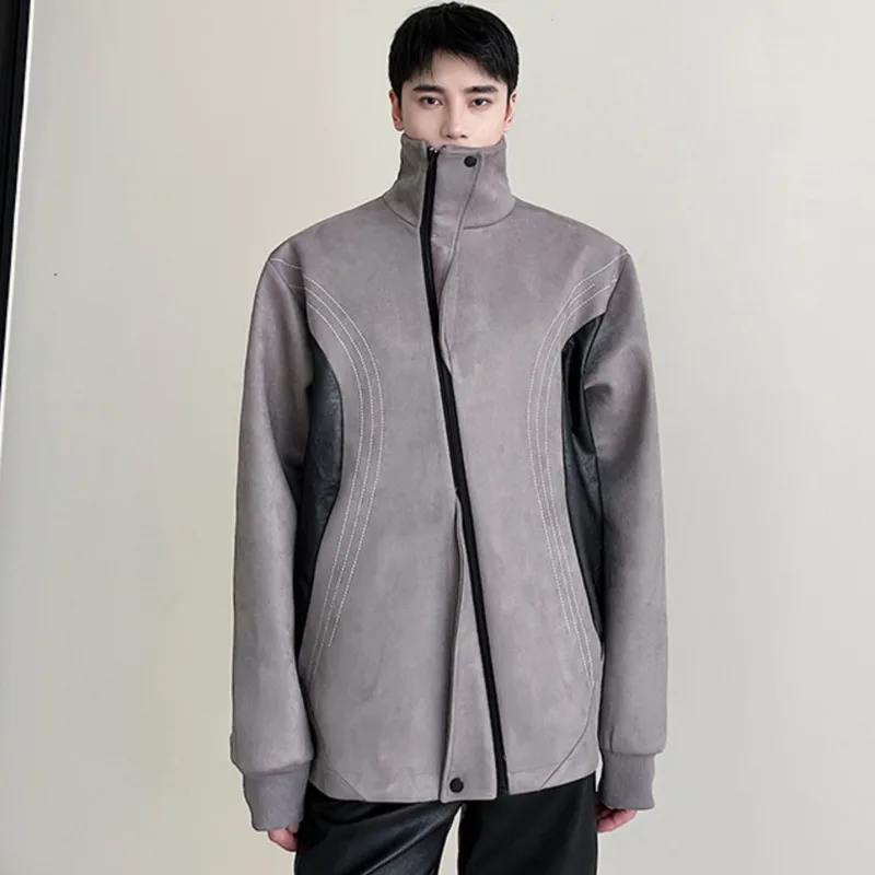 

SYUHGFA Men's Clothing 2024 Autumn Winter Stand Collar Suede PU Leather Loose Coat Chic Patchwork Design Zipper Jackets