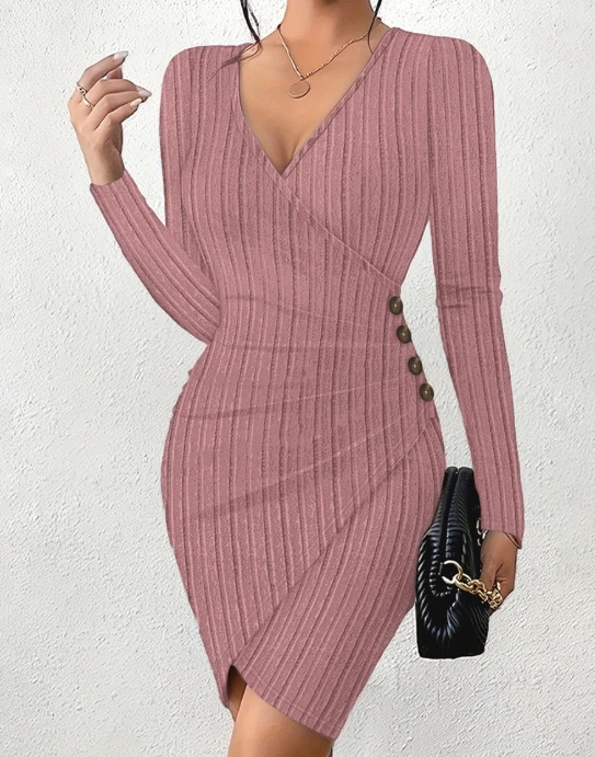 

Hot Selling New Women's Best-Selling Monochrome V-Neck Tight Fitting Buttocks Fitting Sexy Long Sleeved Dress