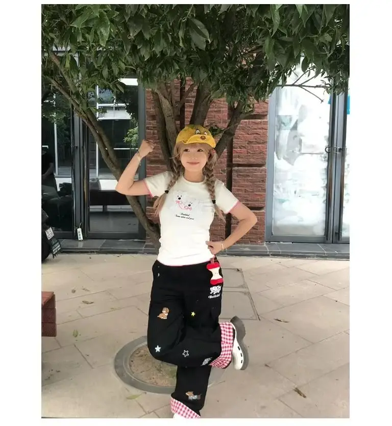 Y2K Puppy Jeans High Waist Checkered Patchwork Work Pants American Retro Loose Fit Straight Leg Wide Leg
