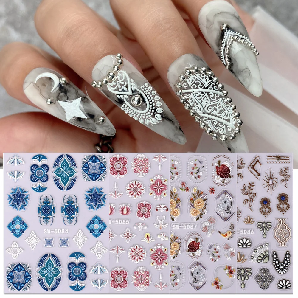 

Nail Sliders Relief Nail Charms Stickers 5D Embossed Relief Lace Engraved Sliders For Nails Decoration Manicure Art Colorful