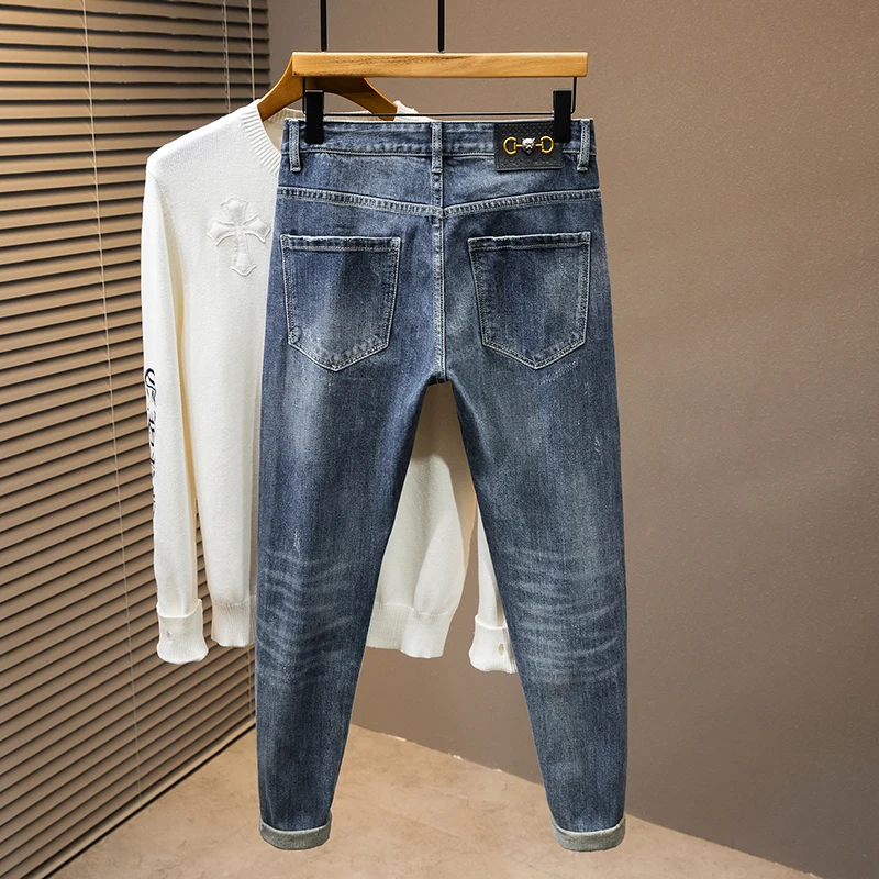 2024 New light luxury MEN'S jeans fashion splicing patch slim heavy embroidery plump handsome personality casual street denim