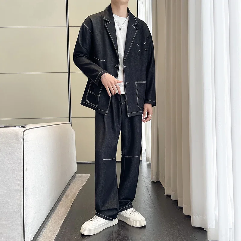 Men Streetwear Fashion Loose Casual Denim Blazers Jacket Pant 2 Pieces Suits Sets Man Vintage Suit Coat Jeans Tracksuits