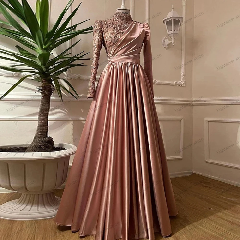 

Glitter Evening Dresses A-Line Modest Prom Dress High Neck Full Sleeves Lace Appliques Floor Length Robes 2024 Vestidos De Gala