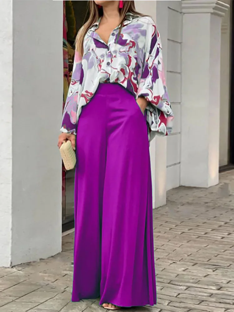 

Commute Women Office Sets 2022 Lapel Button Lantern Sleeve Shirt
