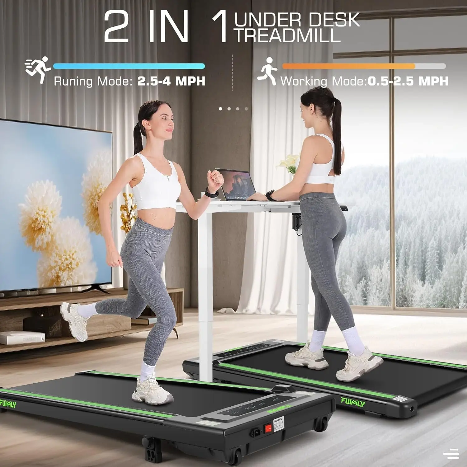 Pad Under Desk Treadmill 2.5HP Treadmill with Incline 2 in 1 Treadmills for Home Office with LED Touch Screen Remote