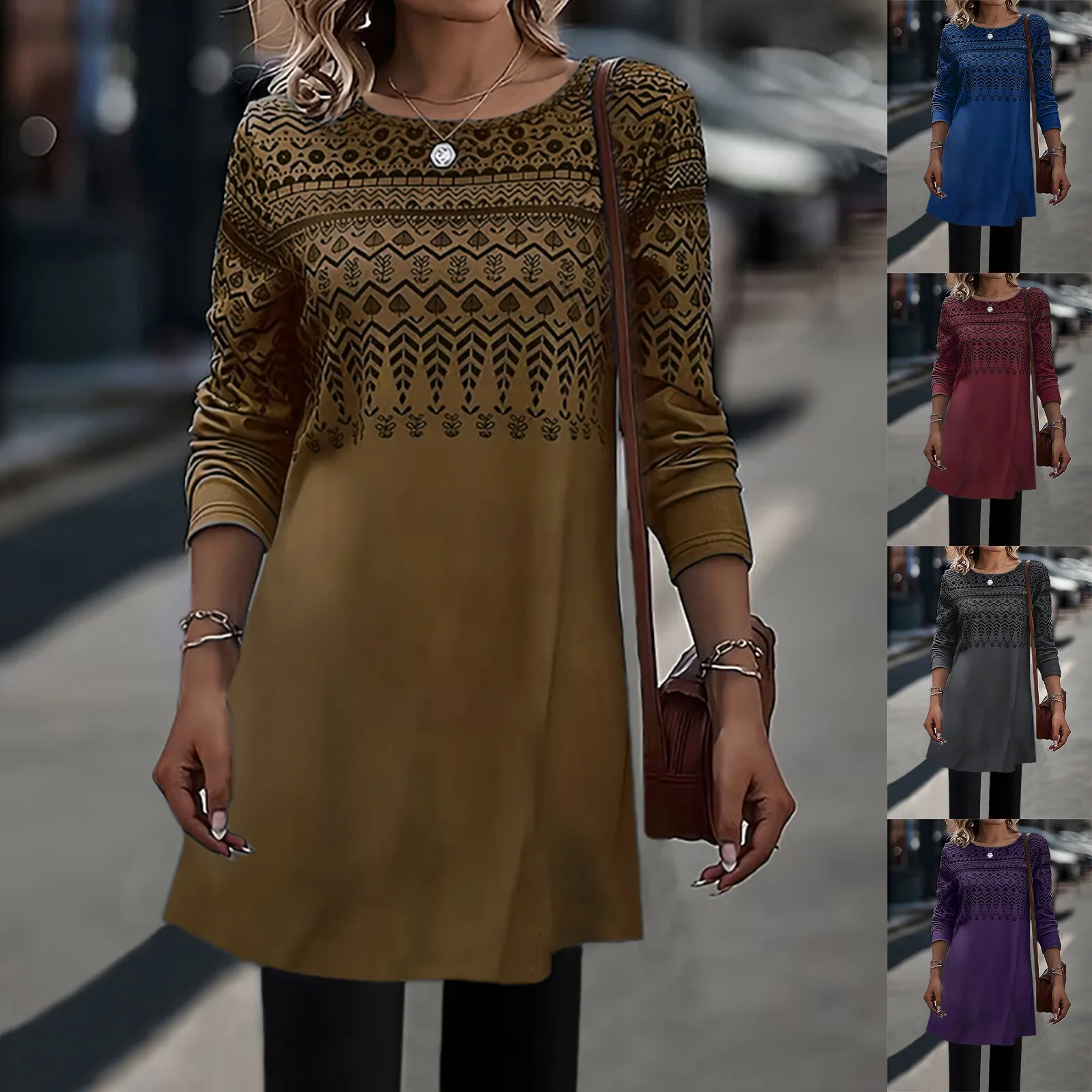 

Женская осенне-зимняя плюшевая футболка с длинным рукавом и геометрическим принтом, Женский Повседневный этнический богемный пуловер с круглым вырезом, Женский Топ