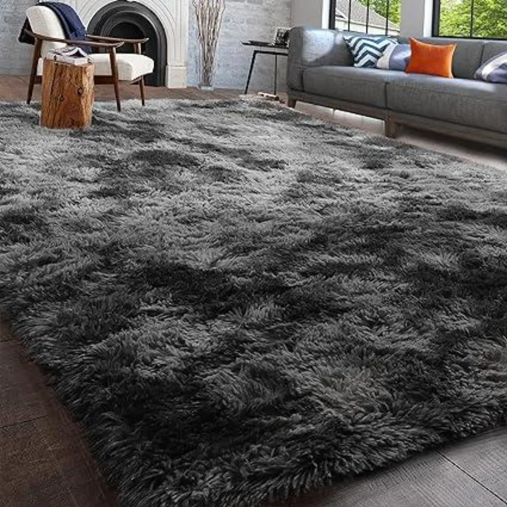 

Abstract Shaggy Area Rug, 4x6, Plush Furry Rugs for Living Room, Tie-Dyed Grey Soft Fluffy Rugs for Bedroom, Fuzzy Rugs